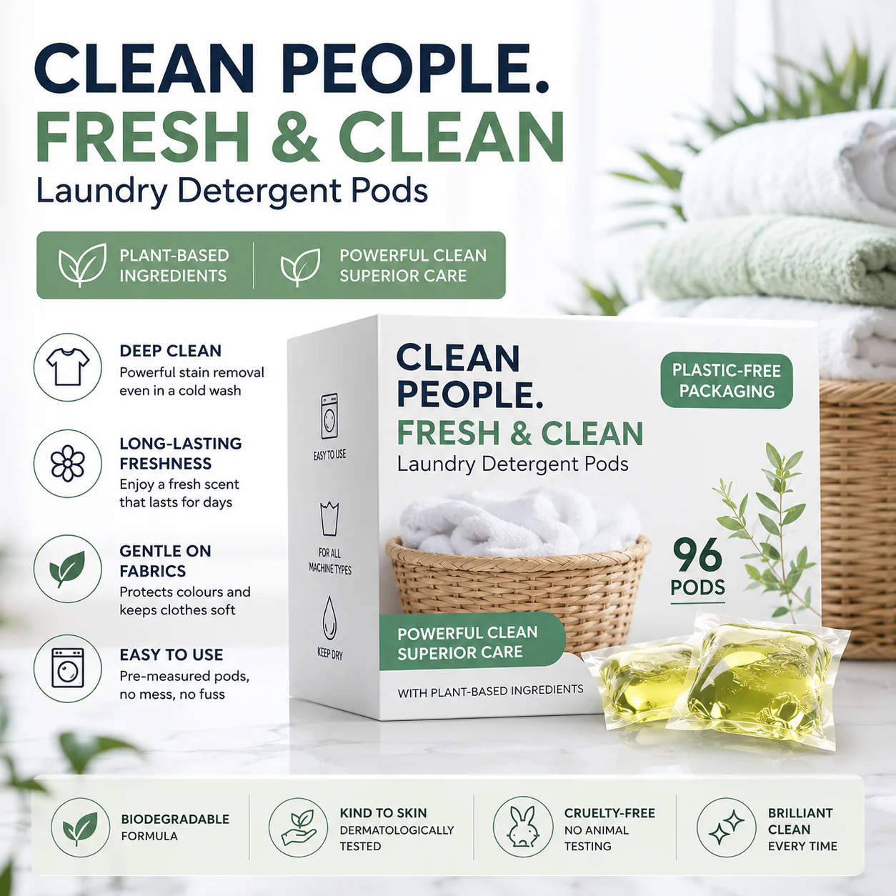 The Clean People Laundry Detergent Pods - Hypoallergenic Laundry Pods - Ultra Concentrated, Recyclable Packaging, Stain Fighting - Fresh Scent,